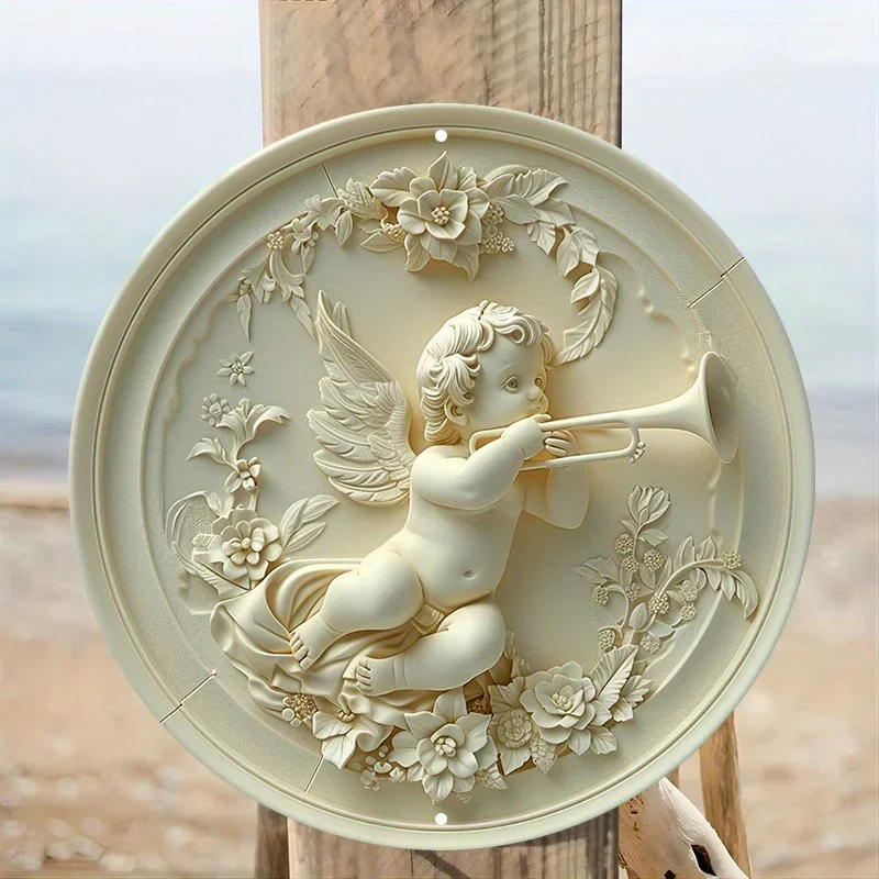 Aluminum Angel Cherub Metal Sign, Wall Art, Decorative 2D Round Relief Plaque, HD Printed, Outdoor, Indoor, Tavern, Home