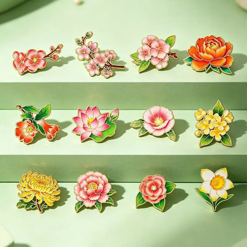 12 Birthday Flower Pins Cartoon Enamel Lotus Rose-flower Daffodil Plants Brooch For Clothes Backpack Lapel Badge Metal Pin Gift