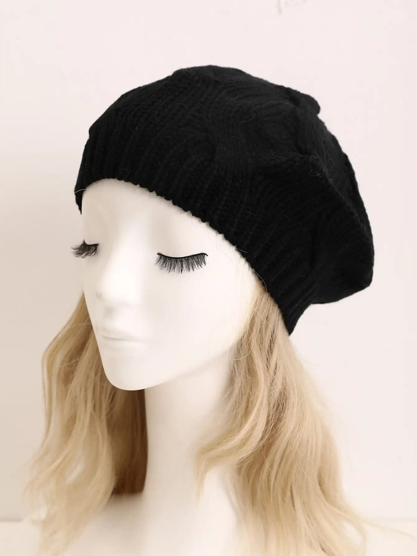 1Pc Black Solid Color Knitted Oversized Berets Lightweight Elastic Beanies Elegant Textured Beret Hats Coldproof Knit Hats For Women Autumn & Winter,School，sc2112298005658315
