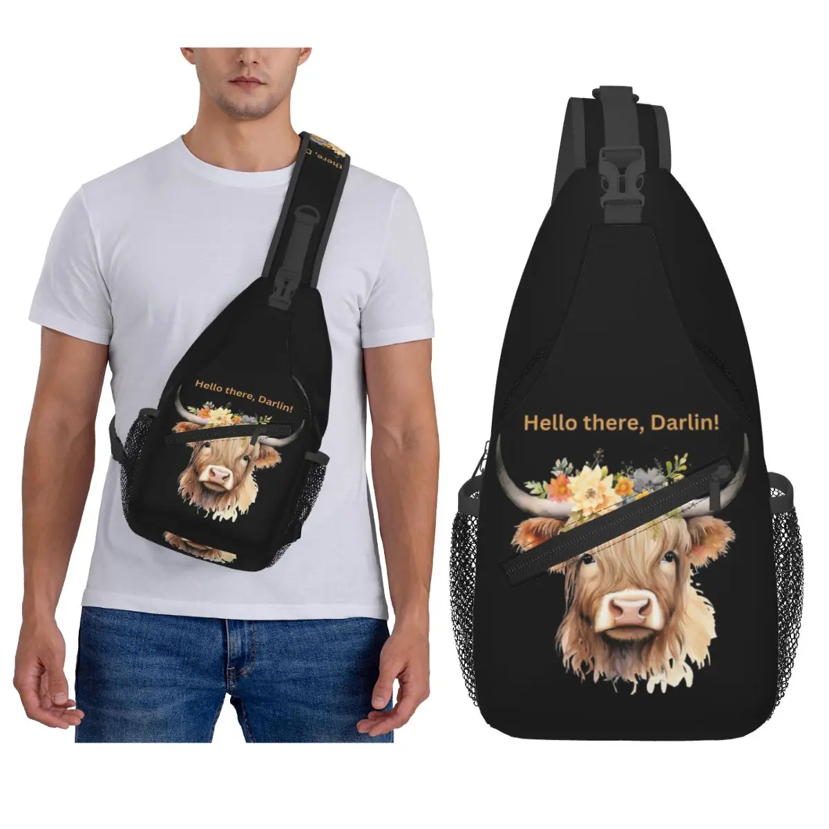 

Шотландская нагрудная сумка с принтом коровы Хайленд, мужской рюкзак через плечо на слинге, нагрудная сумка, дорожный походный рюкзак, сумка на плечо