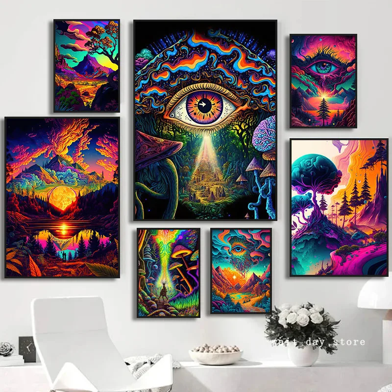 Neon Colorful Cosmic Psychedelic Character Metamorphosis Poster Mushroom Nature Canvas Painting Print Wall Art Home Room Decor