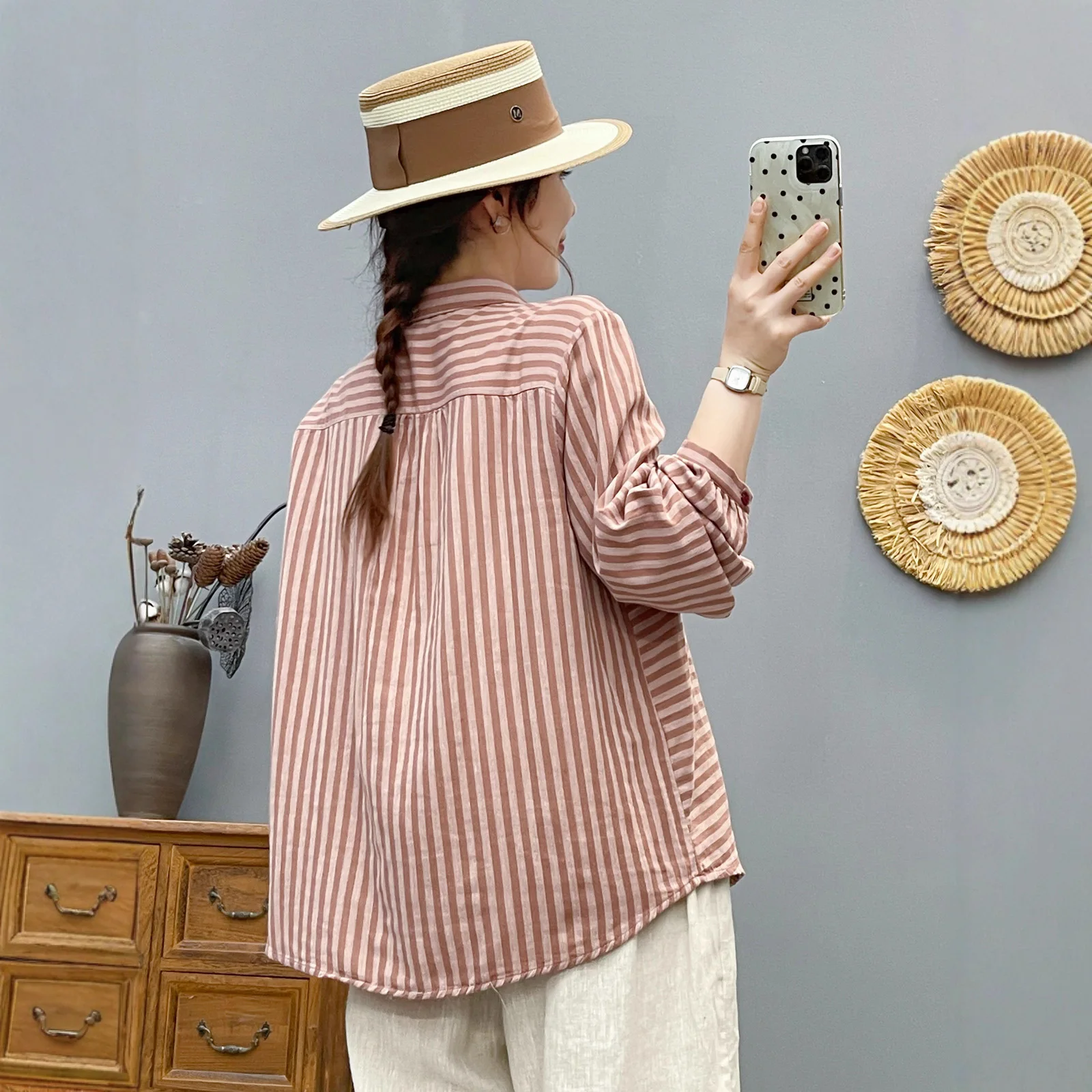 اليابانية خمر موري فتاة مخطط تي شيرتات قطن المرأة الخريف جديد رفض طوق كم طويل بلوزة فضفاضة غير رسمية بلايز