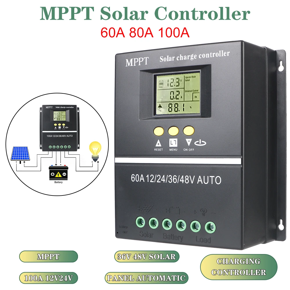 

Solar Charge Controller Tools LCD Display 100A/80A/60A Lead Acid Lithium Batteries Quick Charger MPPT 36V/48V/24V/12V Dual USB