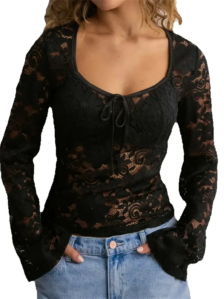 Womens Sheer Tops Floral Lace Bow Scoop Neck Long Sleeve Casual Cover Ups Crop Shirt Sexy Retro Cover Ups Cropped Blouses