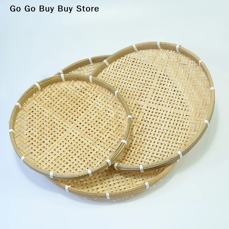 【ST】1 bandeja redonda de bambú tejida para frutas, bandeja plana de mimbre para almacenamiento de alimentos, bandeja poco profunda para decoración de cocina, bandeja para servir