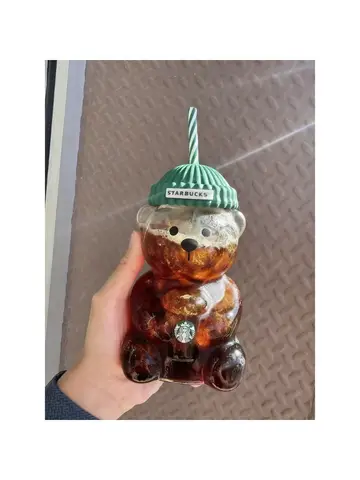 Glass Cute Bear Cup Starbucks Bear Transparent Glass Bottle 2025 New Cute Animal Beverage Cup with Green Lid Holiday Gift