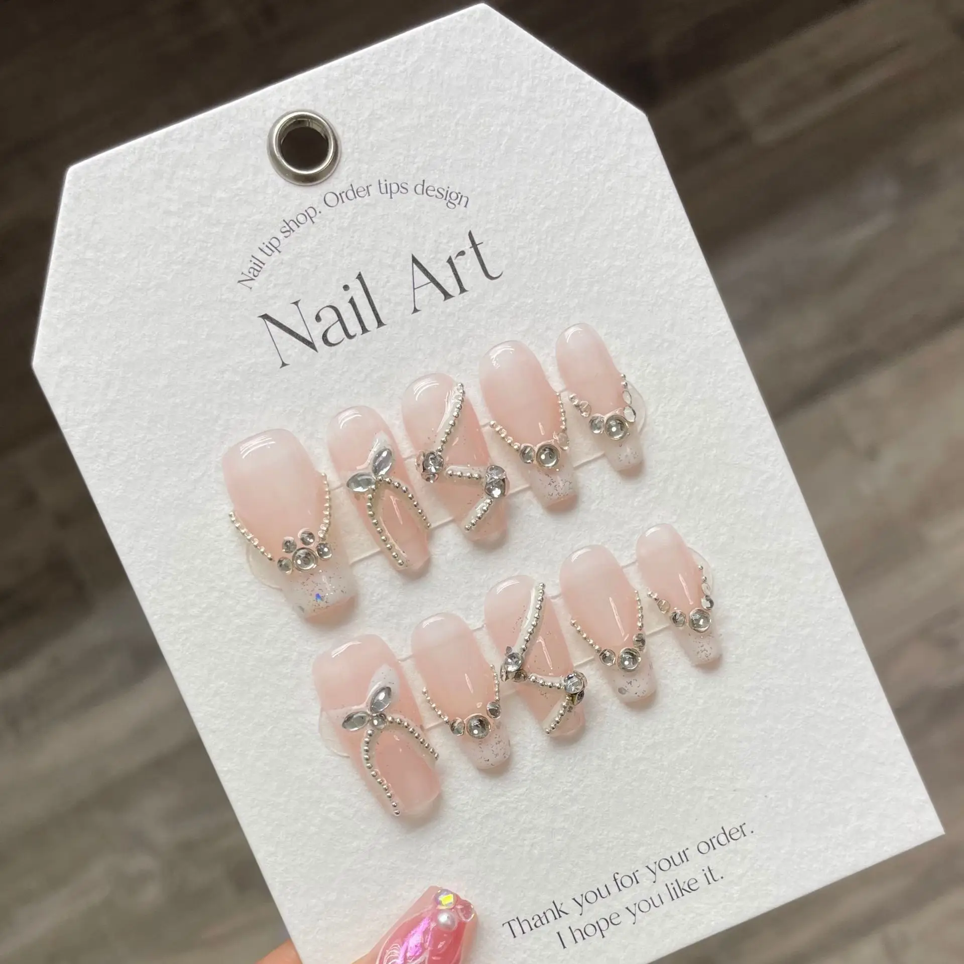 10PC wearable Princess Pink y2k French fake nails press on long handmade acrylic ballet diamond false nail tips