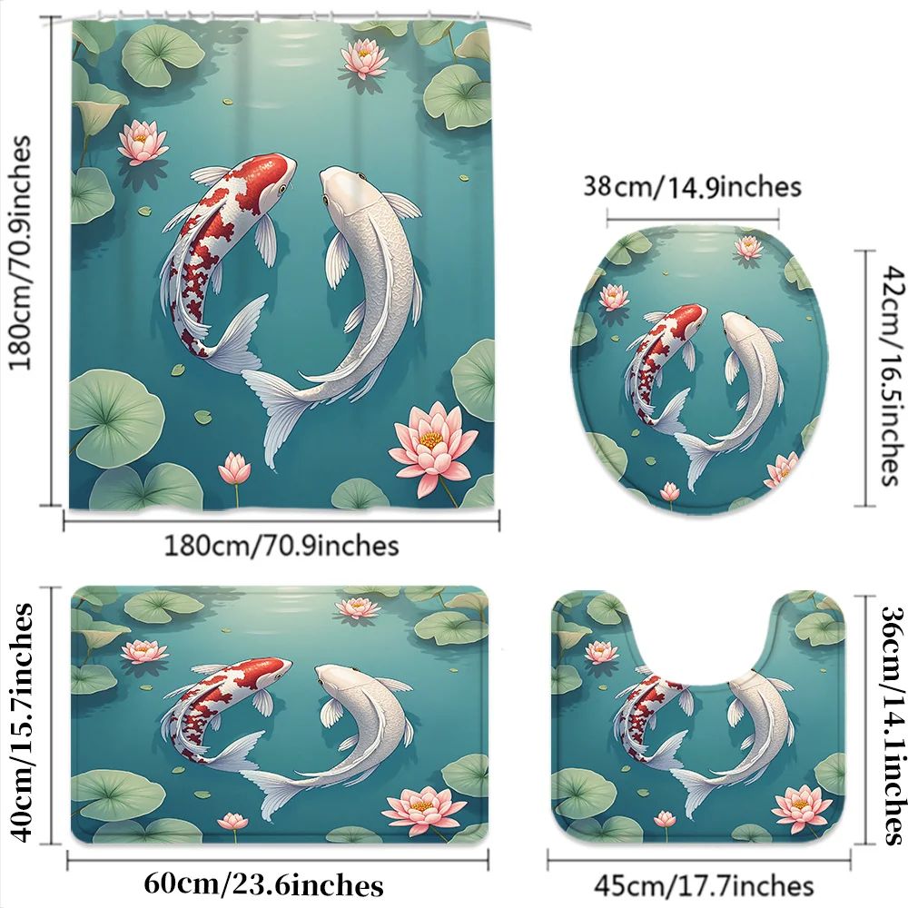 Large Tropical Koi Fish Lotus Floral Shower Curtain Polyester Bath Decor Waterproof Spa Bathroom Home Decoration Curtain