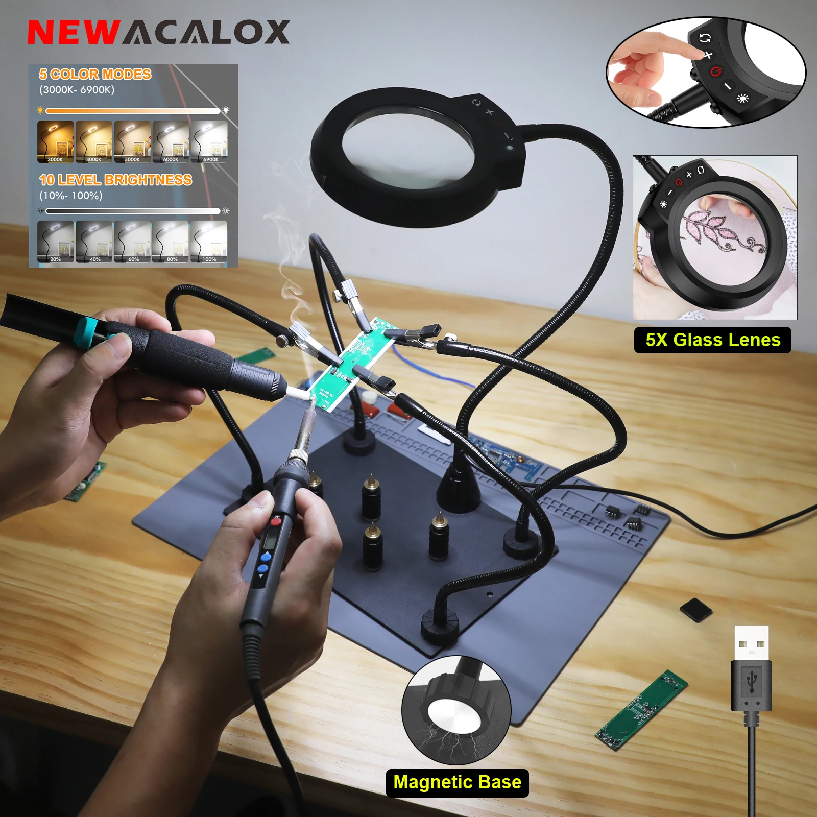 NEWACALOX Stasiun Solder Tangan Bebas Magnetik dengan Alas Perbaikan Anti Selip Lampu Pembesar 5X 4 Penyangga PCB untuk Perbaikan Solder