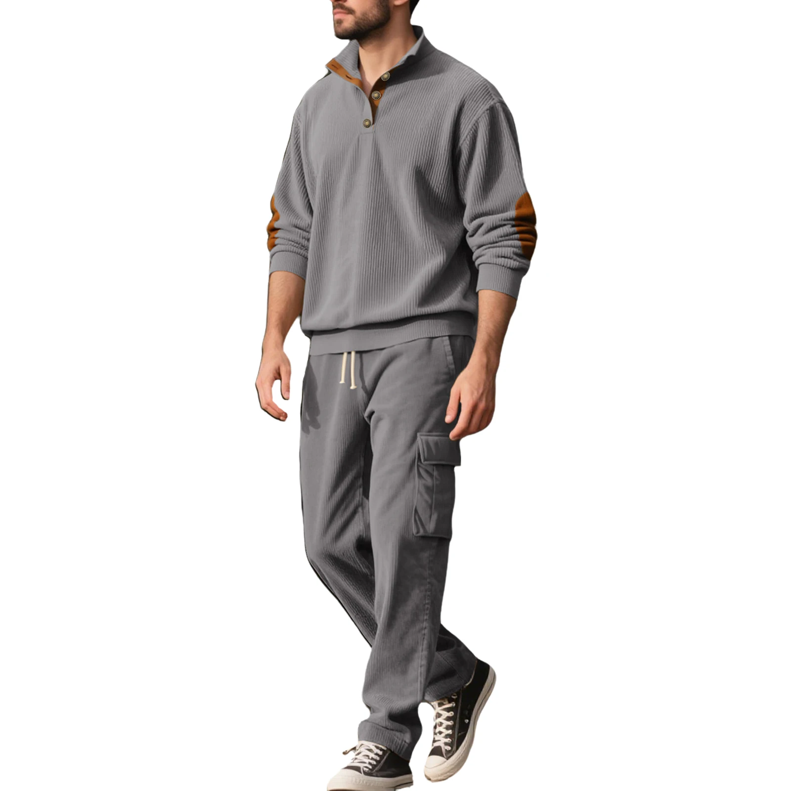 Męski kombinezon ze sztruksu ze stójką, zapinany na zamek, męski jesienno-zimowy ciepły, luźny, pluszowy, gruby kombinezon z kapturem i nadrukiem.