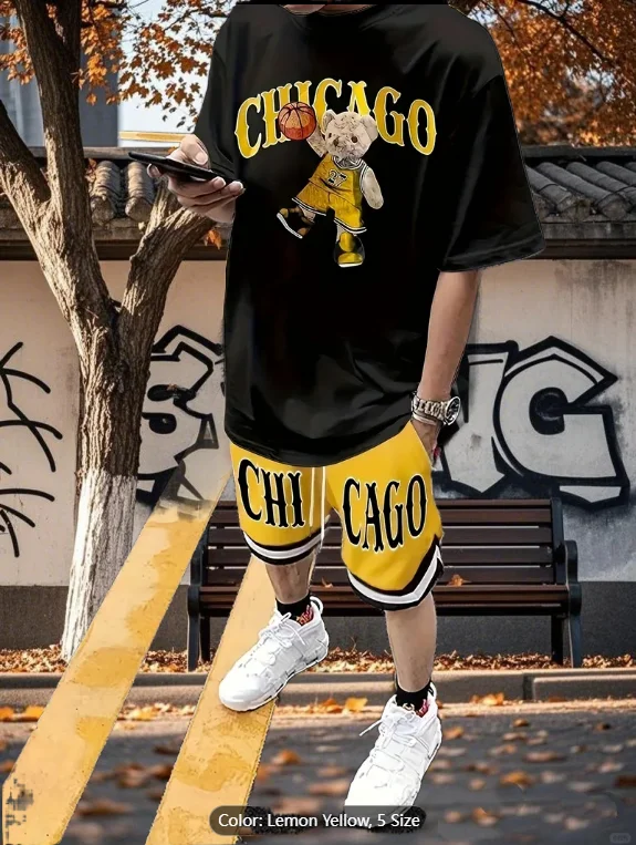 

Cartoon Bear 3D Printed Men's Round Neck Short Sleeve 2pcs Suit Urban Street Trend Men's Top Outdoor Men's Drawstring Shorts