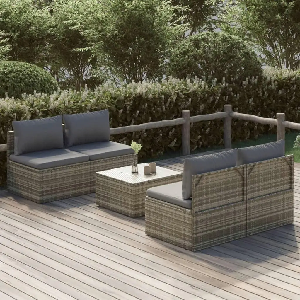 5-Piece Gray Poly Rattan Patio Lounge Set with Cushions for Outdoor Comfort