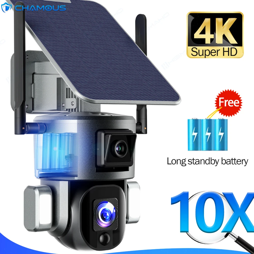 4k Solar Camera Outdoor Dual Lens 8mp Wifi Security Cam Ptz 10x Optical Zoom Auto Tracking Video Surveillance Wireless Battery