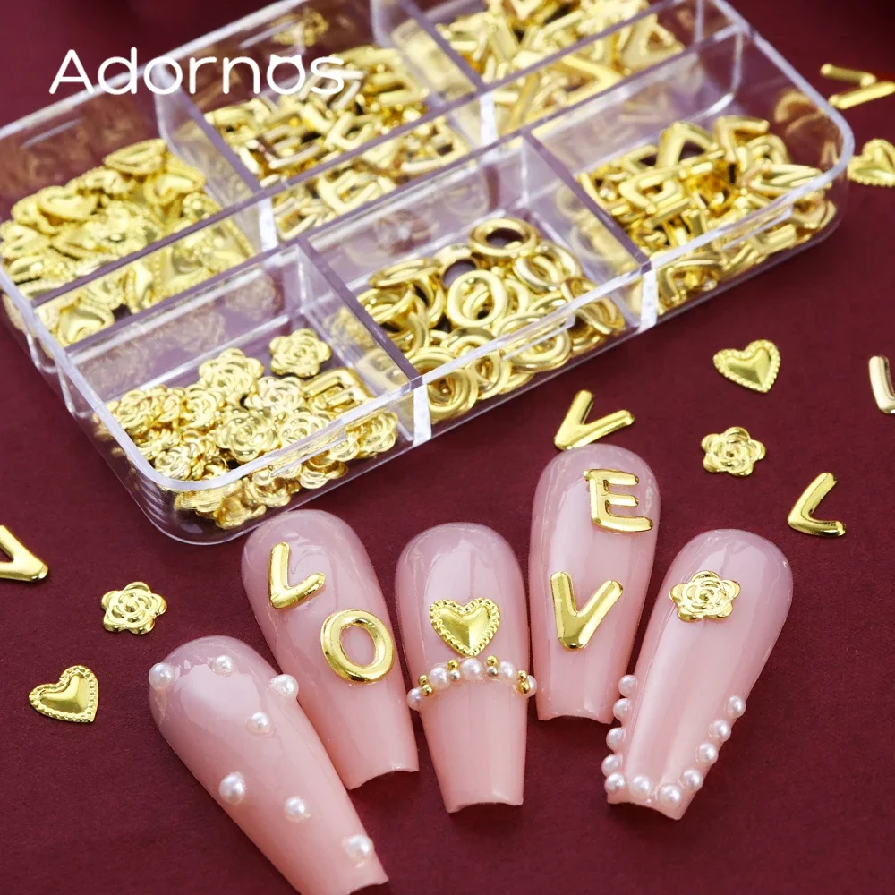 150pcs Valentines Nail Art Charms Metal Rivets Rose Flower Letters LOVE Hearts Nails Accessories Luxury Manicure Decorations