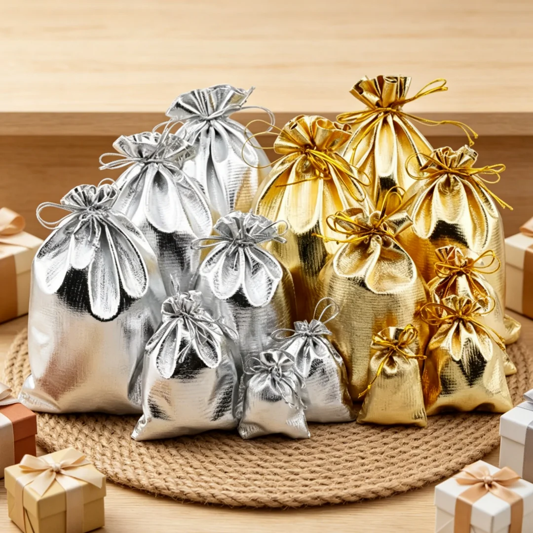

50pcs/lot Plated Fabric Silver Gold Jewellery Pouches With Drawstring for Wedding Gift Bags Big Jewelry Packing 15x20cm 17x23cm