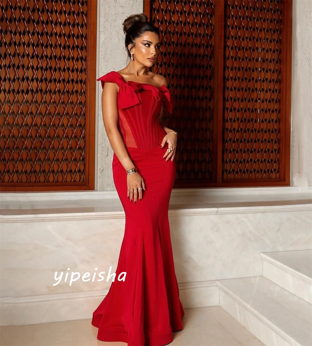 Customized  Exquisite Customized Off-the-shoulder Mermaid Bows Floor Length Charmeuse Evening Dresses