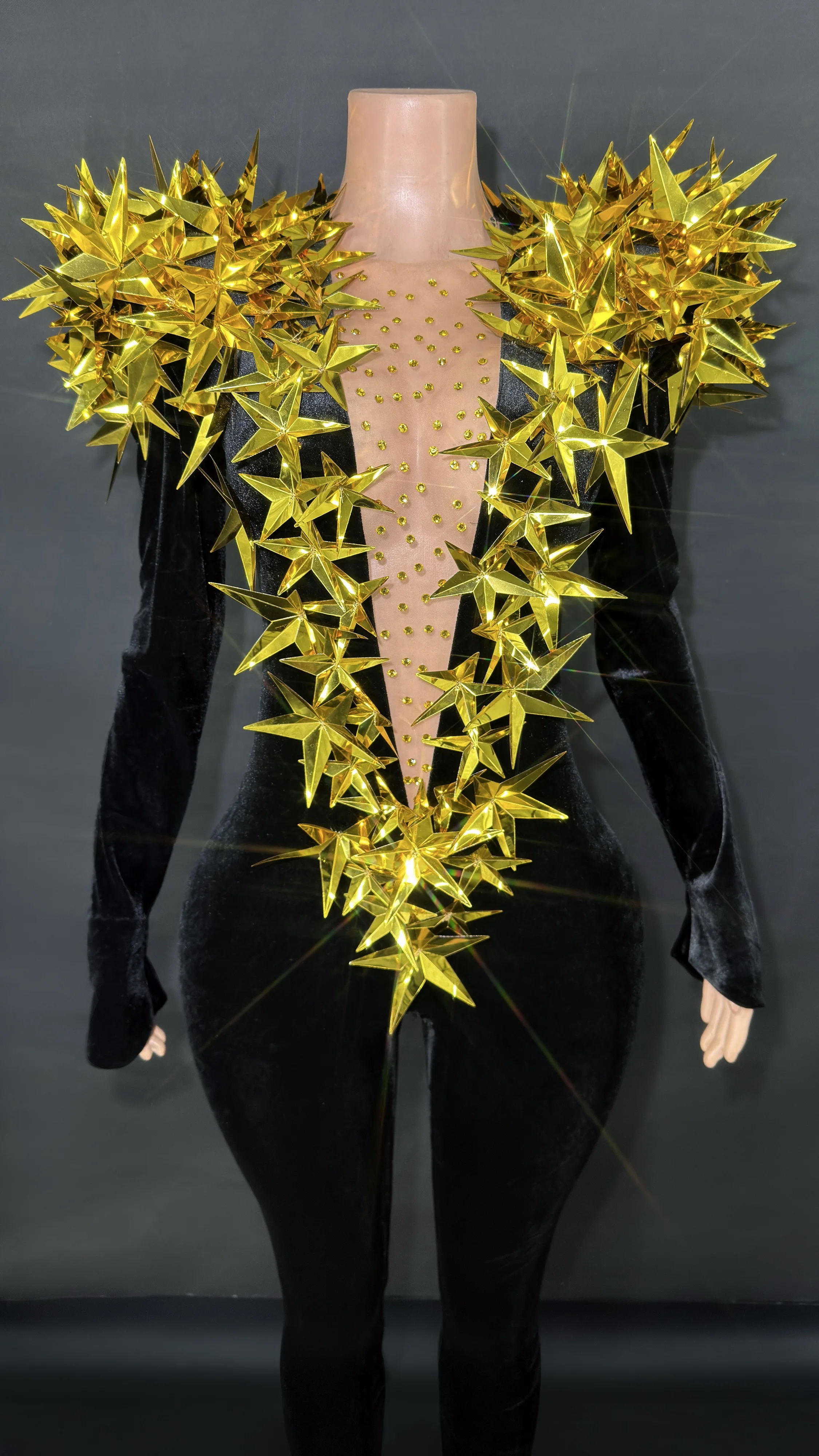 Mais novo brilhante ouro strass preto veludo manga longa macacão feminino festa à noite clube gala anfitriões boate bar trajes de palco