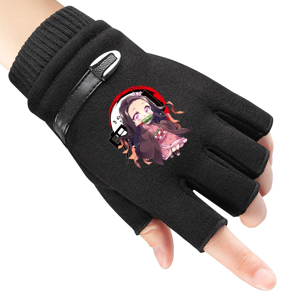 Anime Demon Slayer Children Gloves New Winter Men Woman Fingerless Gloves Warm Knitted Gloves Outdoor Boy Bicycle Gloves