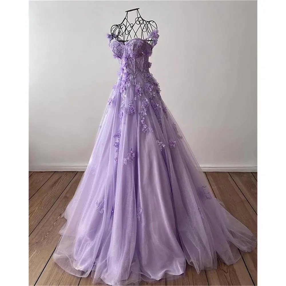 Princess 3D Flower Sweet A-line Tulle Evening Dress Purple Prom Dress Handmade Gown De Soir é e