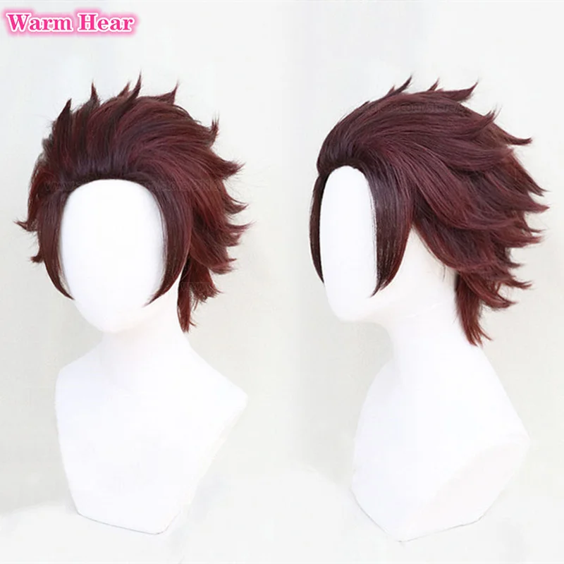 Kamado TanjIrou peruca sintética com brincos, castanho castanho, cosplay anime curto, cabelo resistente ao calor, perucas de festa de Halloween, 30cm