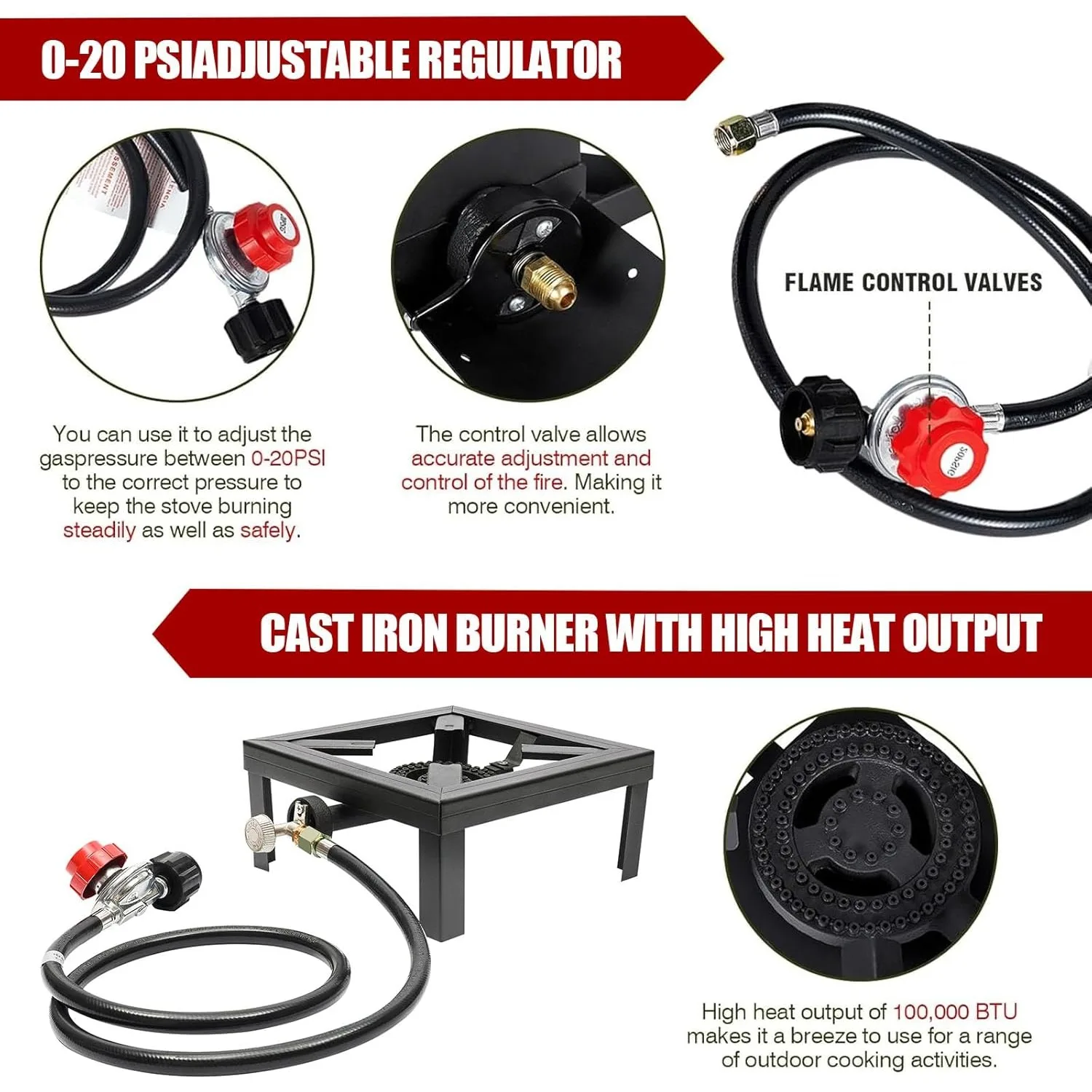 موقد غاز مربع محمول بشعلة واحدة طباخ البروبان مع خرطوم منظم قابل للتعديل 0-20 رطل لكل بوصة مربعة للتخييم والشواء وتخمير المنزل