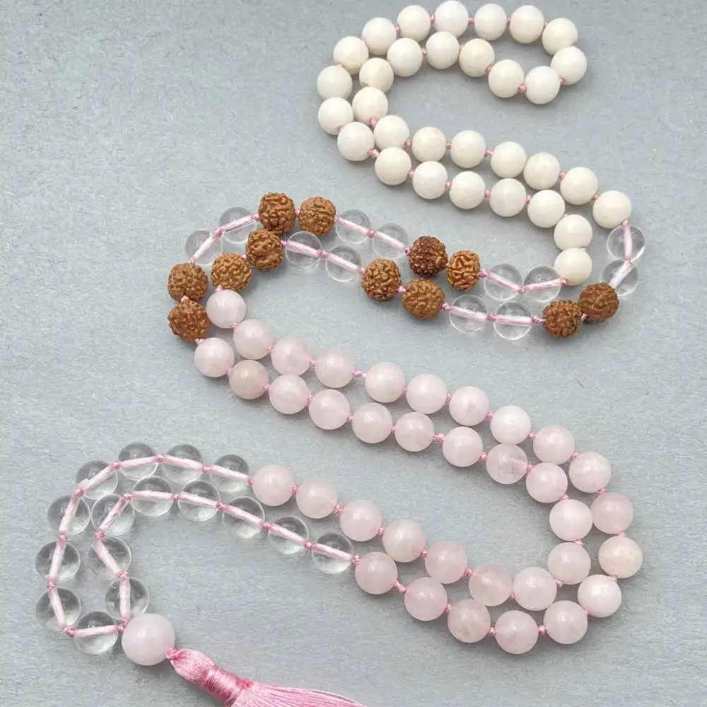 Natural Rose Quartz, Clear Quartz & Rudraksha 108 Mala Beads Necklace Love & Clarity Healing Crystal Jewelry view 5