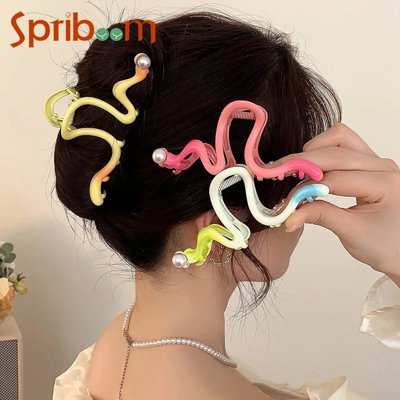 

Gradient Wave Hair Clips for Women Sweet Hairpin Large Pearl Shark Clip 2024 Trendy Hair Accessories Korean Girls Headdress