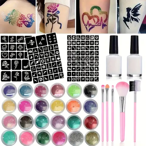 다채로운 반짝이 왁스 종이 브러시 문신 키트, 임시 바디 아트, 생생한 디자인의 DIY 임시 문신, 임시 문신 Suppl