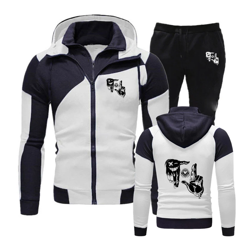 

gesture eye Print 2025 Men's Spring And Autumn New Diagonal Zipper Sets Hoodie Sportswear Tops+Casual Pants Suit