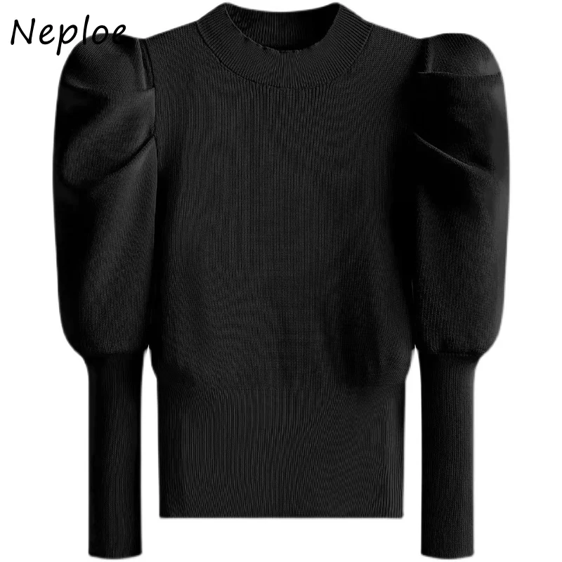 Neploe Slim High Waist Puff Sleeve Sweater Women Solid Color Knitting Pullover Shirt Woman Half-high Collar Bottoming Sweaters