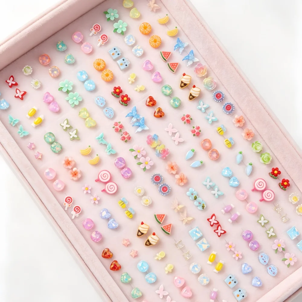 19/24/30/36Pairs Cute Resin Cartoon Stud Earring For Women Girls Fruit Candy Flower Butterfly Mix Sweet Jewelry Daily Gifts