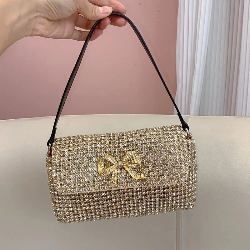 

full rhinestone bow large capacity portable personalized banquet diamond flip small square bag armpit messenger