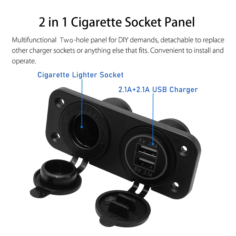 12V Marine USB Outlet Socket Panel 2 in 1 Cigarette Lighter Socket 4.2A Dual USB Ports Waterproof Charger for Car Motorcycle ATV