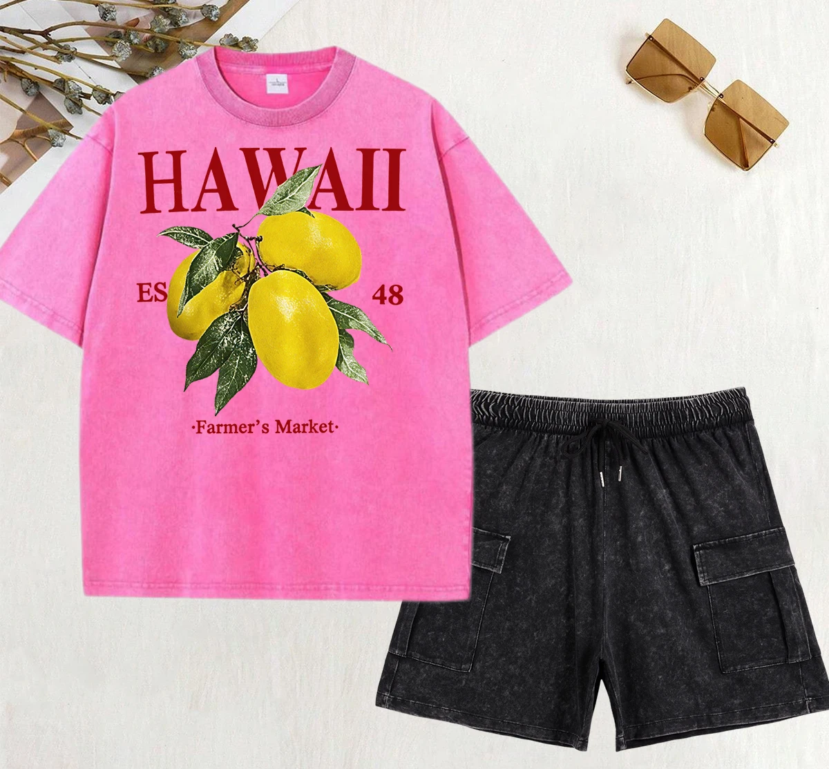 

Hawaii Lemon Fruit Farmer'S Market Prints Womens Washed T Shirt Sets Cotton Oversize Pants Y2K Summer Short Set Fashion T-Shirts