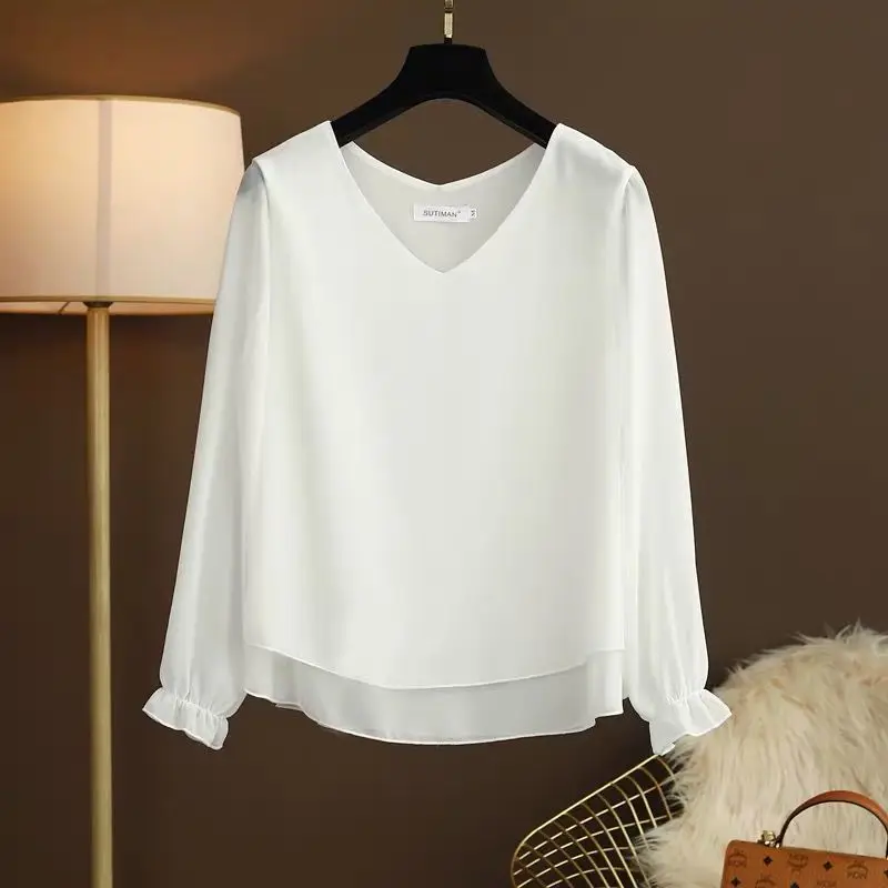 2024 Spring Autumn New Women Long Sleeve Chiffon Blouse V-Neck Chiffon Shirt Female Loos Oversized Womens Tops Blusa Mujer