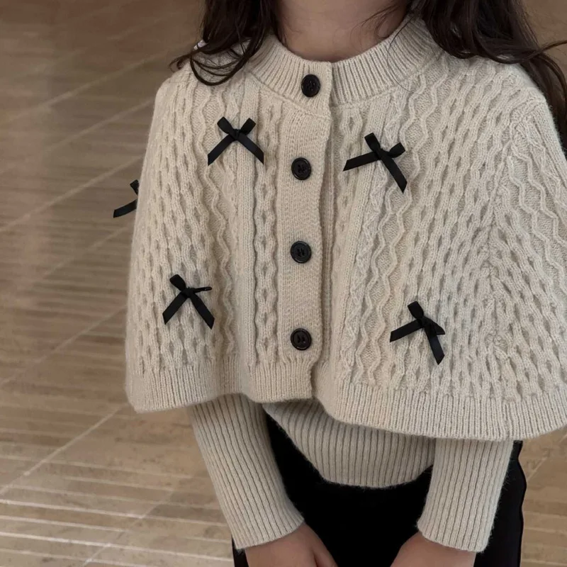 2025 Autumn Winter Cotton Children Kid Girl Clothes Daily Bow Sweater Cape Warm Thick 2Piece Set 3-10 Years Cloak Top Outfit
