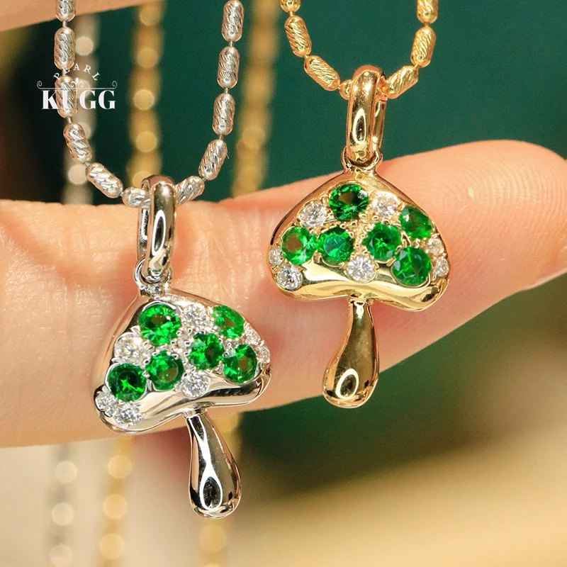 

KUGG 100% 18K White/Yellow Gold Pendant Cute Mushroom Shape Shiny Diamond Natural Tsavorite Necklace Pendant for Women