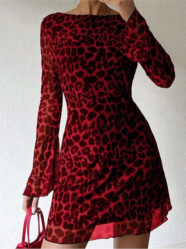 秋のミニドレス女性ヒョウ柄セクシーなシースルーファッションボディコンレディースドレスフレアスリーブ女性ドレス