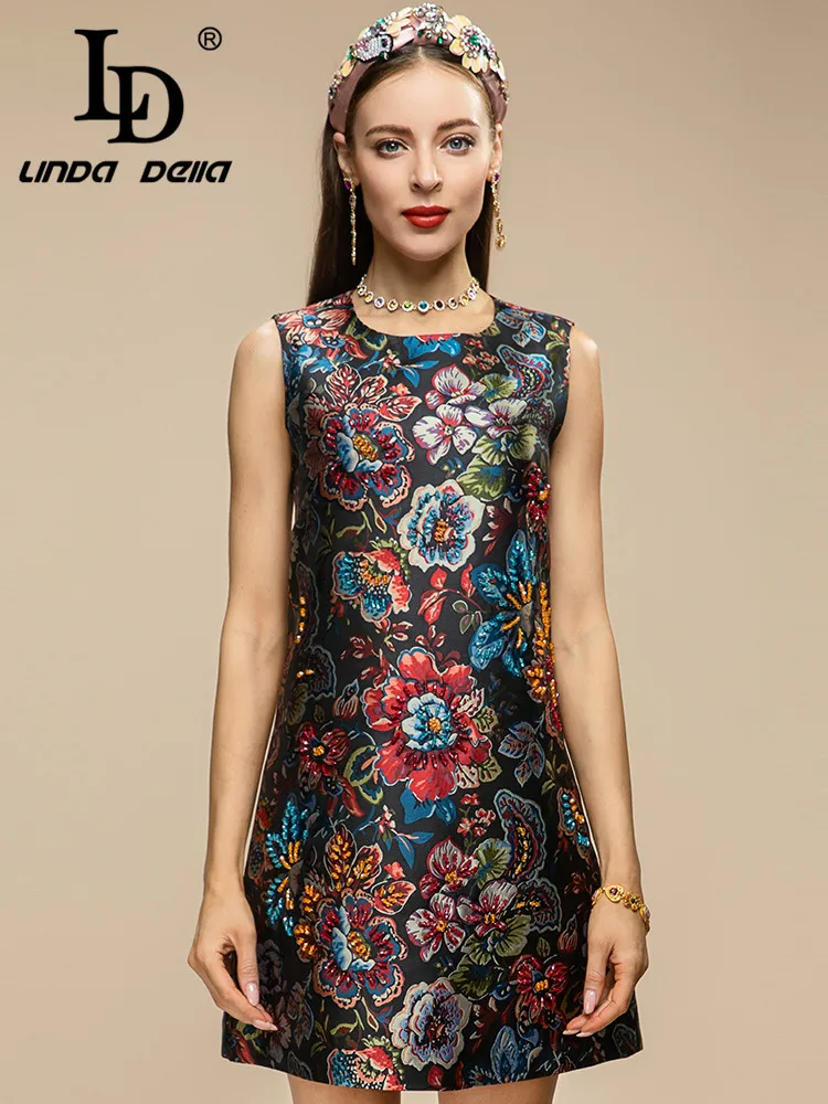 Imagem -02 - Linda Della-vestido sem Mangas para Mulheres Estampado de Flores Estilo Vintage Luxo Diamantes Perolização Preto Moda Verão ld