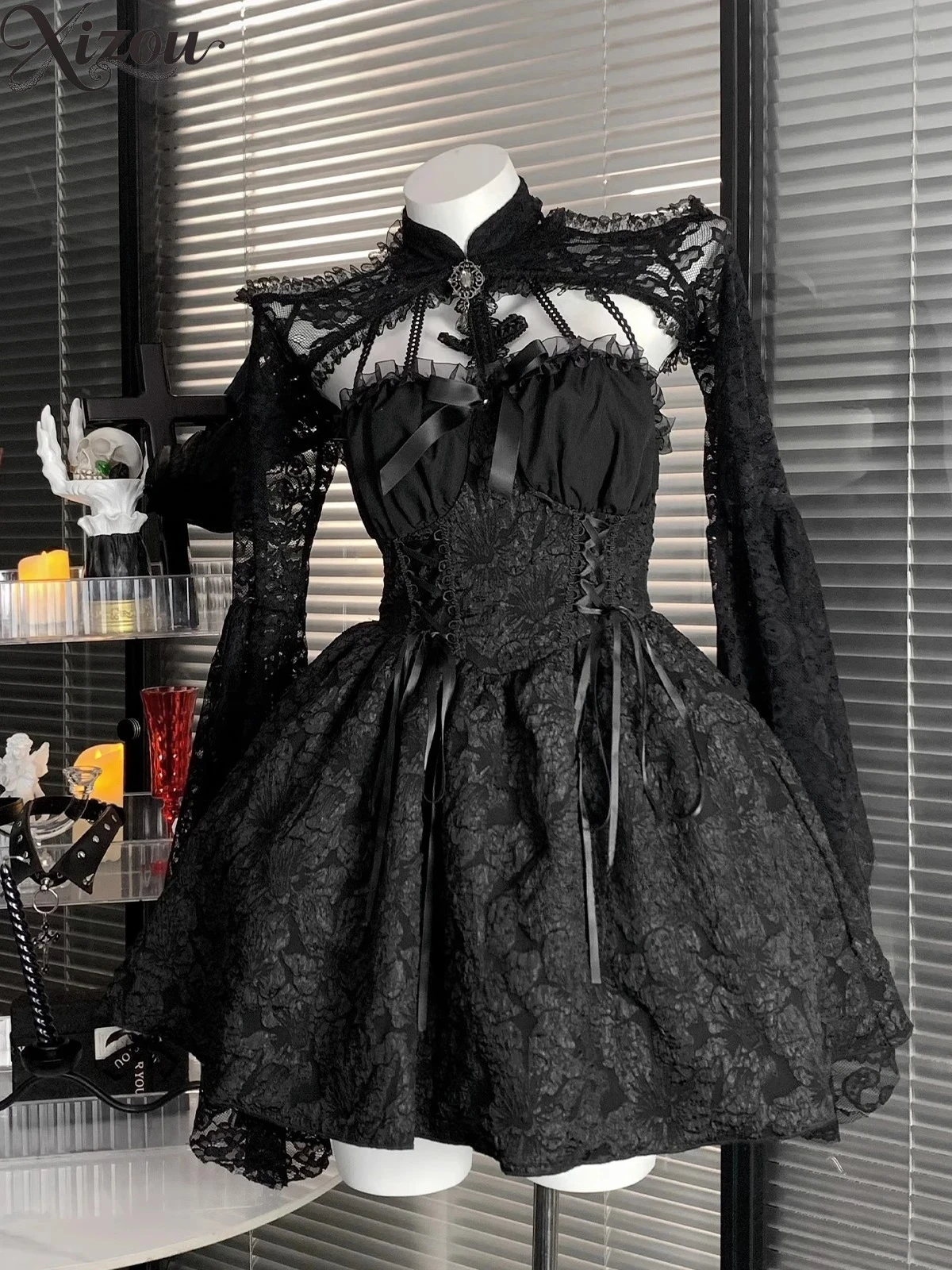 Dark Gothic Lolita Kleid Frauen Kreuz Halloween Party Mini Sexy Swing A-linie Punk Off Schulter Emo Grunge Geraffte Sommer Vintage