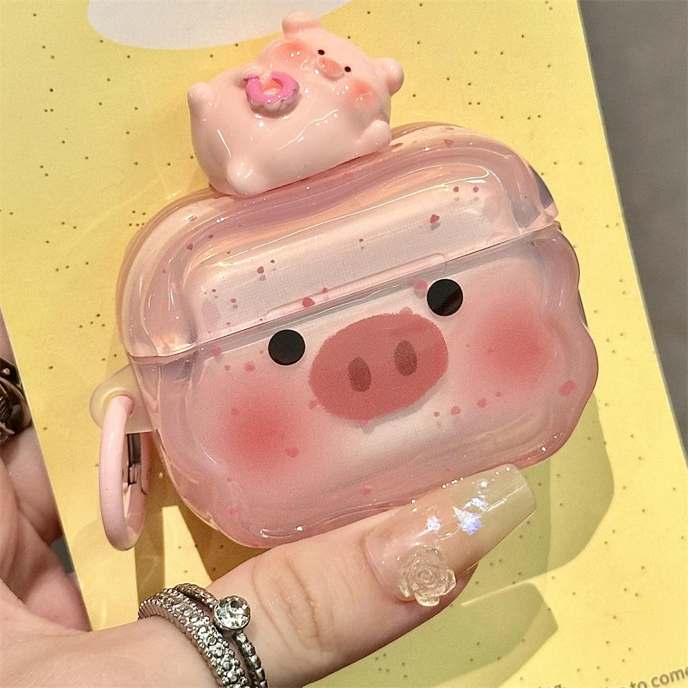 Kawaii Cute Cartoon Blush Pig Pink Headphones Protective Shell Soft Cover For AirPods 1 2 3 With Keychain Case For AirPods Pro 2