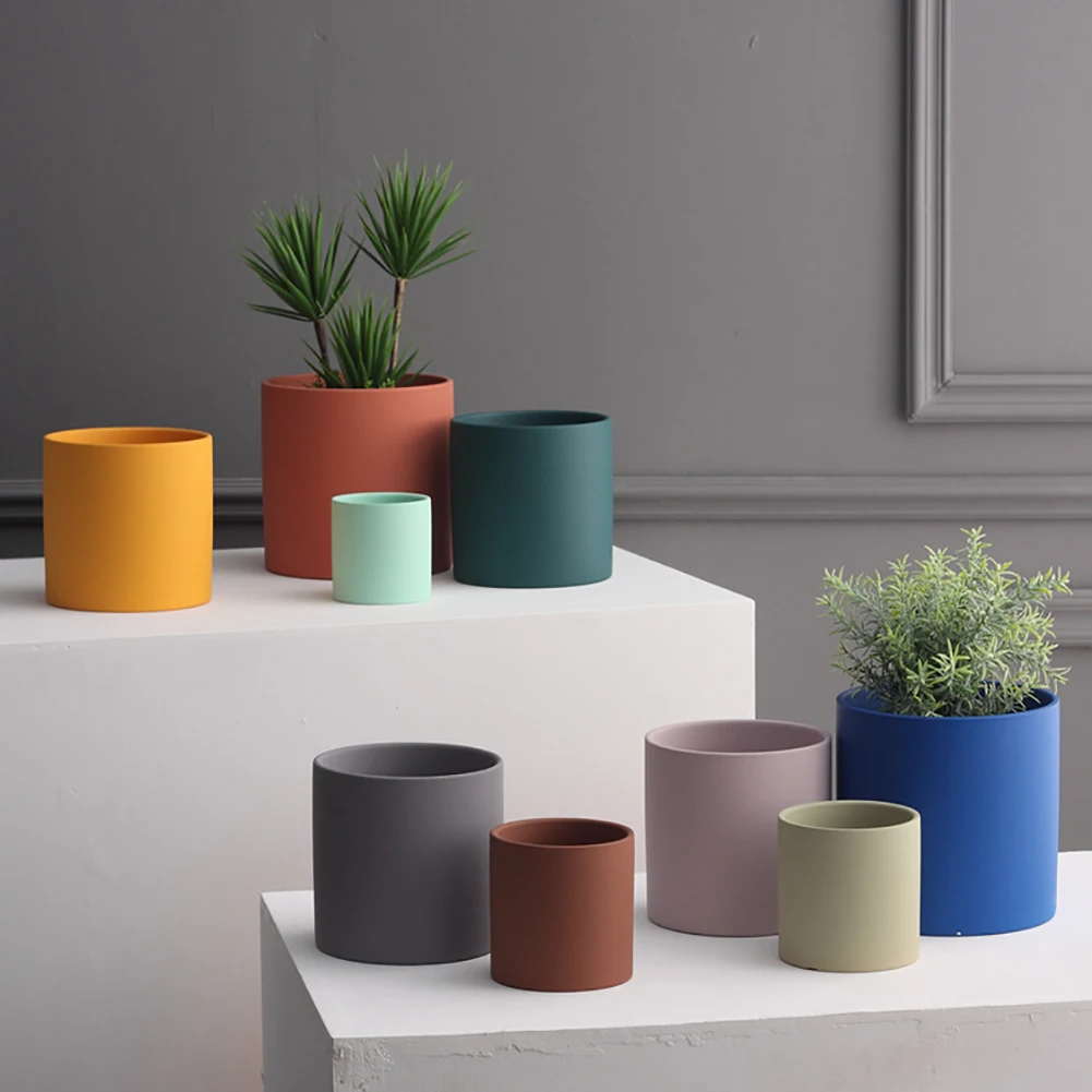 Nordic ceramiczny donica na rośliny z tacą kolorowy Cylinder doniczka na sukulenta mały doniczka dla hodowcy roślin z otwory spustowe pojemnik na