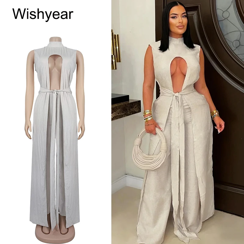 

Wishyear Hollow Out bandage Sleeveless Long Tops And Wide Leg Pants 2 Piece Set Women's Fashion Elegant Streetwear Fall Outfit