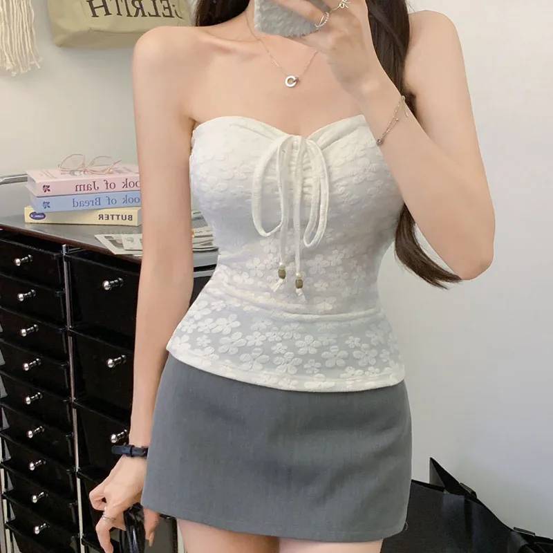 Lady Strapless Top Floral Pattern Lace-up Halter Off Shoulder Fixed Chest Cushion Elasticity Slim Multiple Dressing Styles Top