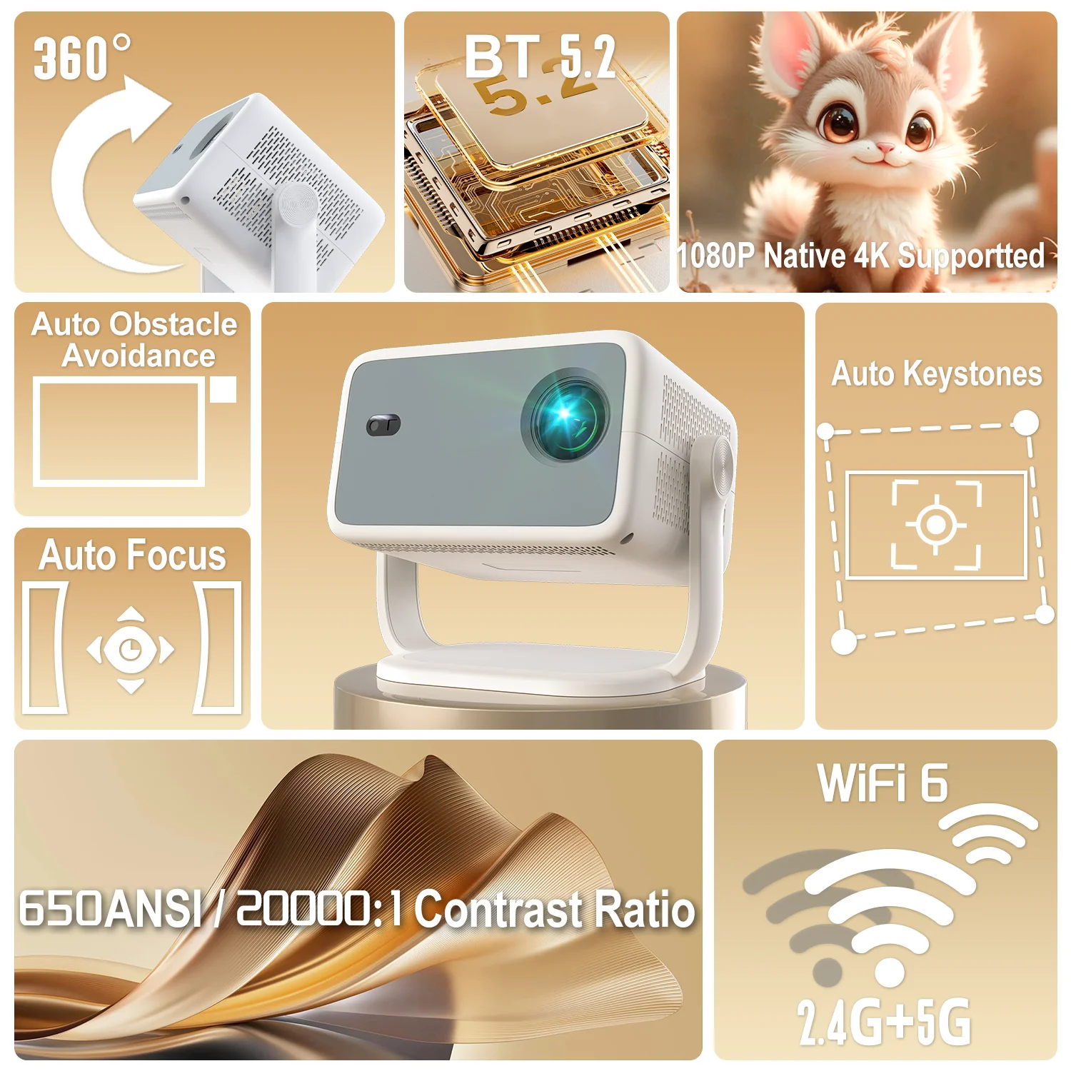 Velec Projector TP350 Netflix Certification Android 13 4K Native Wifi6 BT5.2 650ANSI 1080P Auto Keystone Correction Projector