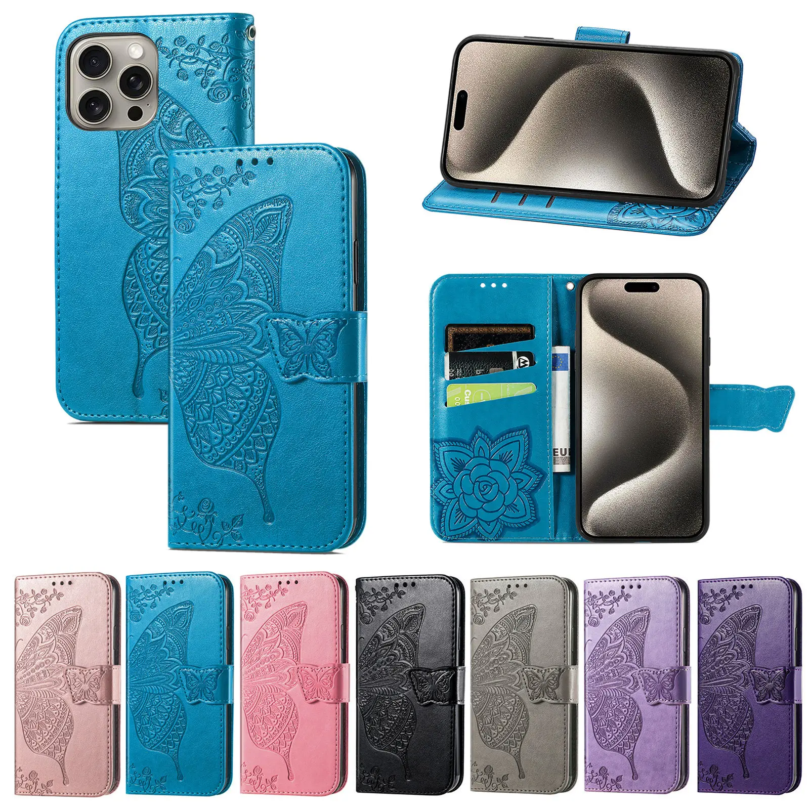 Luxus Schmetterling Pu Leder Telefon Fall Für iPhone 16 Pro Max 15 Plus 14, Stoßfest Abdeckung Zubehör Brieftasche Tasche Karte halter