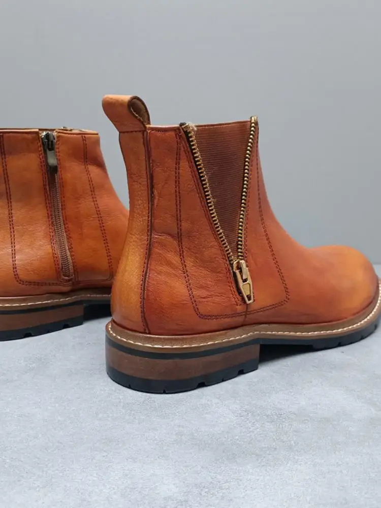Concise Platform Zipper Versatile Male Genuine Leather Ankle Boots Solid Color Round Toe Cowhide Hard Wearing High Top Footwear