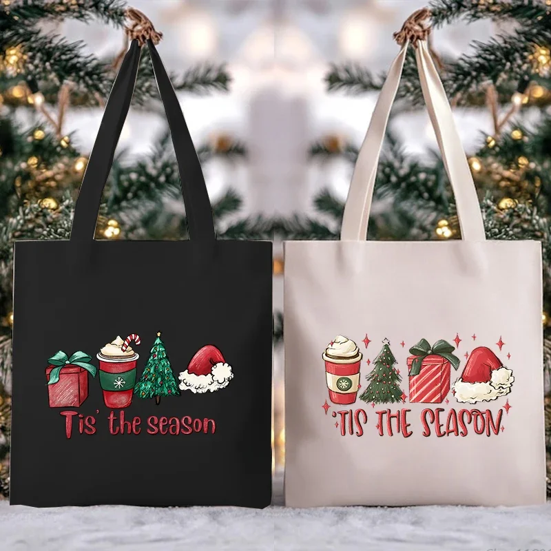 Christmas Tree Tis The Season Women\'s Handbags Xmas Gift Milk Tea Santa\'s Hat Printed Fashion Shopping Bag Portable Shoulder Bag