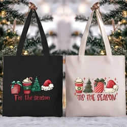 Christmas Tree Tis The Season Women's Handbags Xmas Gift Milk Tea Santa's Hat Printed Fashion Shopping Bag Portable Shoulder Bag