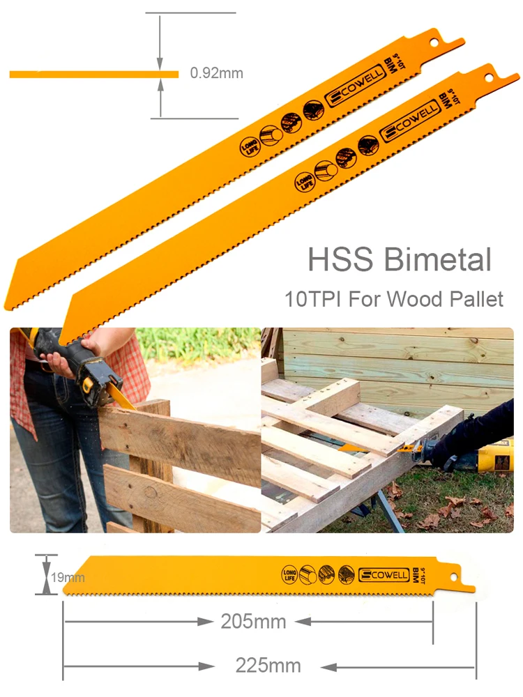 5 Pack SCOWELL 9" (225mm) 10TPI HSS Bimetal High Flexible Jigsaw Demolition Sabre Reciprocating saw blades Wood Pallets Cutting